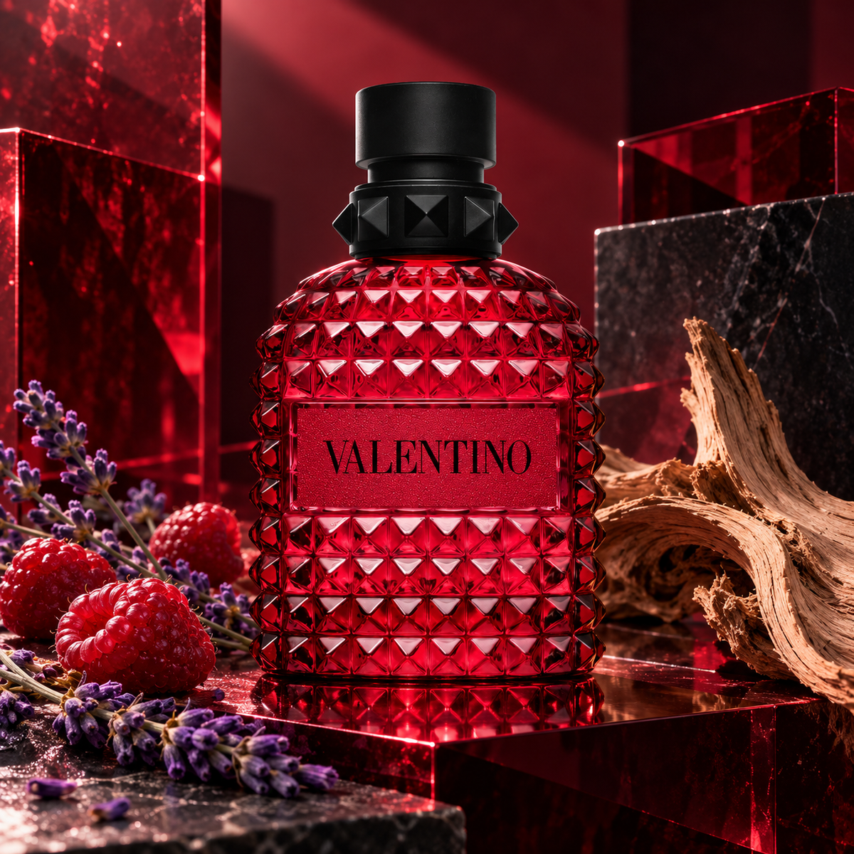 Valentino Born in Roma Rendez-Vous Ruby Uomo w czerwonej aranżacji z malinami, lawendą i drewnem