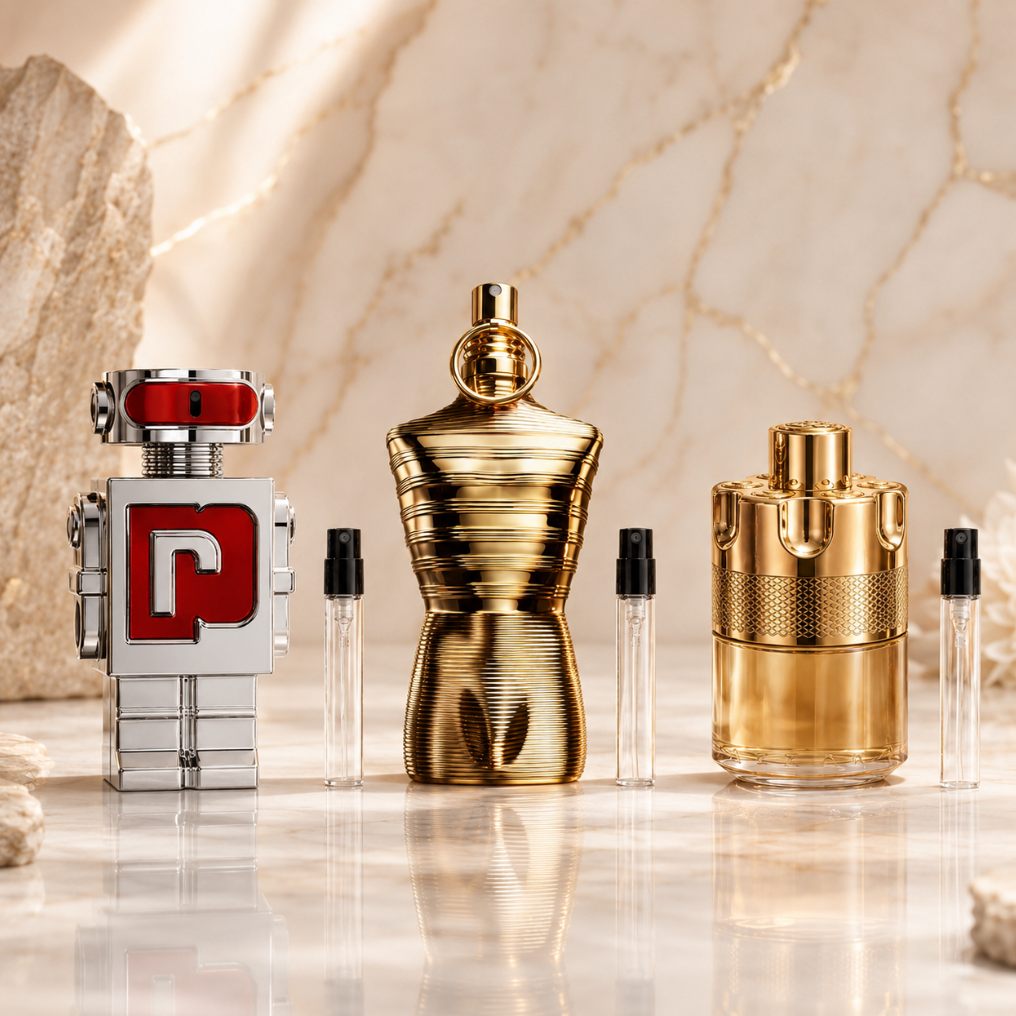 Elixir Power Set z perfumami Rabanne Phantom In Red Parfum Elixir, Jean Paul Gaultier Le Male Elixir Absolu i Azzaro Forever Wanted Elixir oraz szklanymi atomizerami na odlewki perfum.