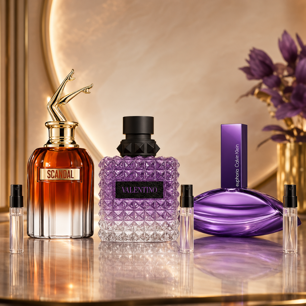 Intense Elixirs Set z perfumami Jean Paul Gaultier Scandal Elixir Parfum, Valentino Donna Born in Roma Purple Melancholia i Calvin Klein Euphoria Bold Elixir oraz szklanymi atomizerami na odlewki perfum.