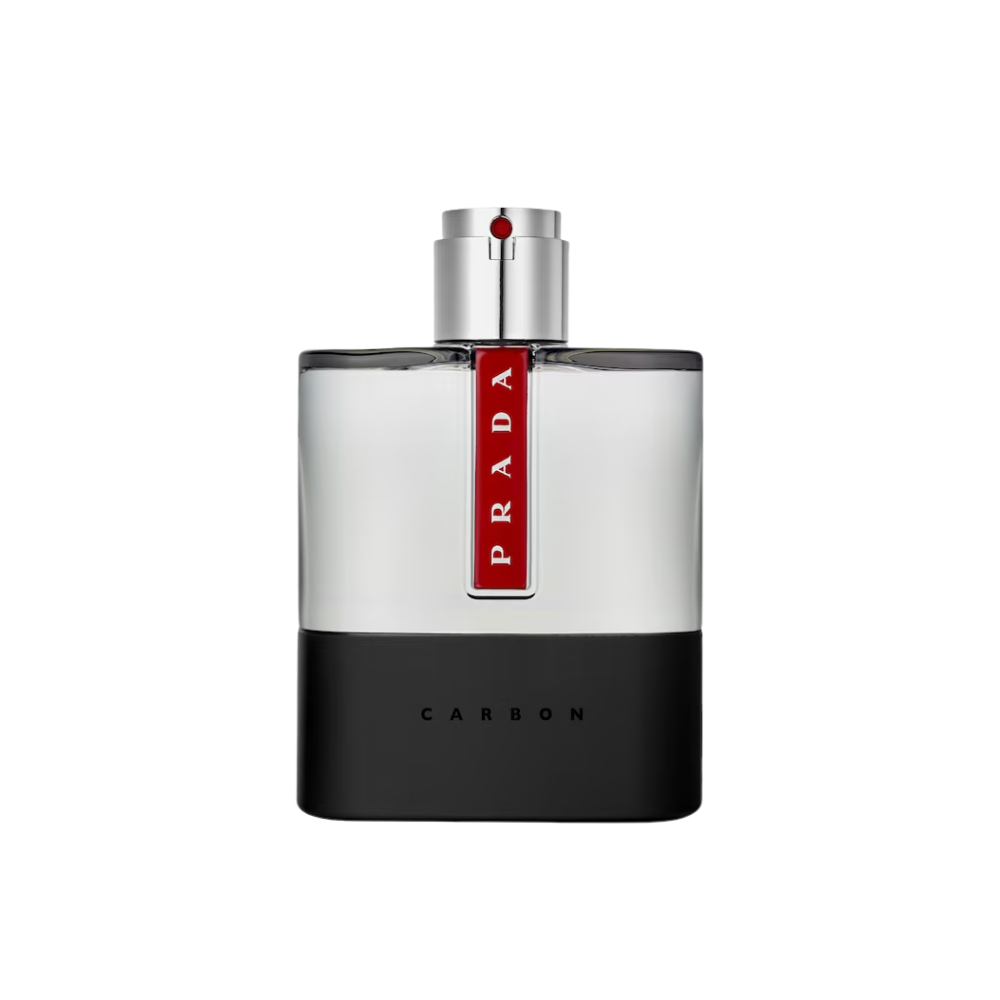 Flakon perfum Prada Luna Rossa Carbon z nutami bergamotki, pieprzu, lawendy, akordami metalicznymi i wodnymi, ambroksanem oraz paczulą.
