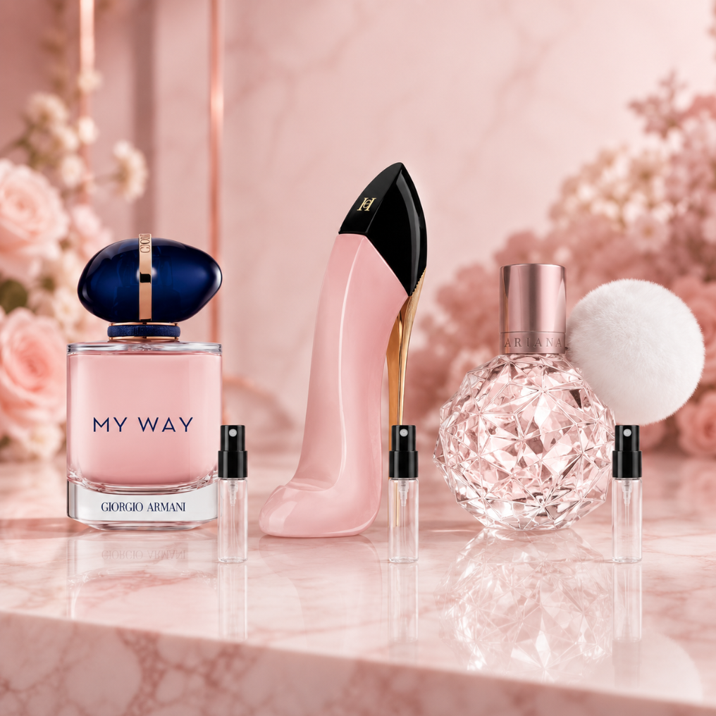 Soft & Feminine Set z perfumami Armani My Way, Carolina Herrera Good Girl Blush i Ariana Grande Ari oraz szklanymi atomizerami na odlewki perfum.