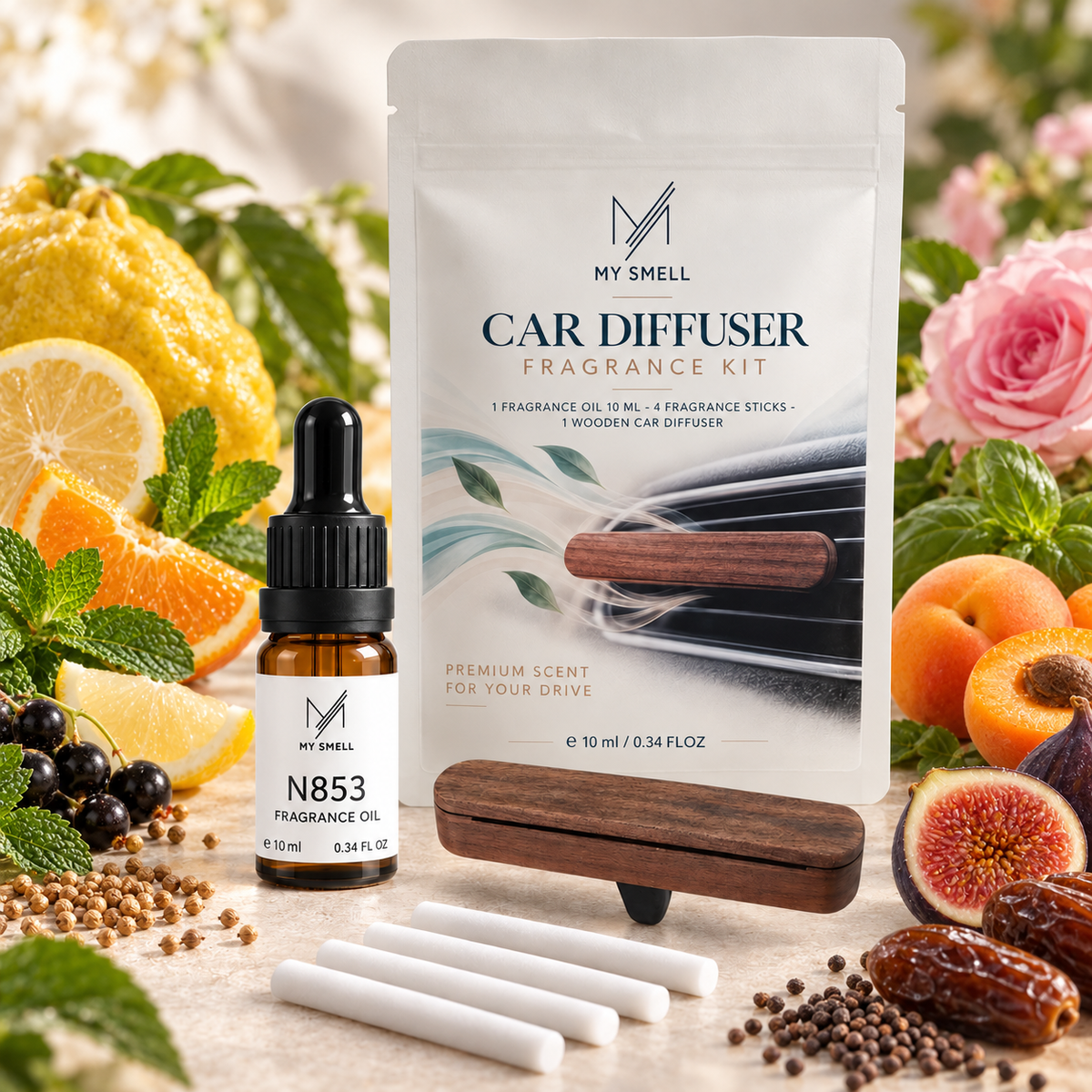 MY SMELL N853 – zestaw zapachowy do samochodu: olejek 10 ml, drewniany dyfuzor i cztery wkłady bawełniane, otoczenie nawiązujące do nut głowy, serca i bazy