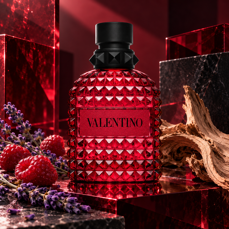 Valentino Born in Roma Rendez-Vous Ruby Uomo w czerwonej aranżacji z malinami, lawendą i drewnem