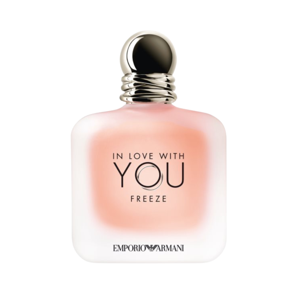 Flakon perfum Armani Emporio Armani In Love With You Freeze z nutami wiśni, gruszki, piwonii, jaśminu wielkolistnego i białego piżma – świeży zapach dla kobiet.