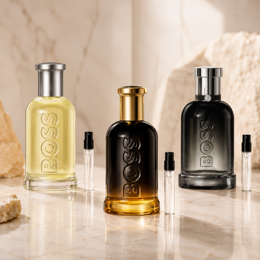Boss Bottled Collection z perfumami Hugo Boss Boss Bottled, Hugo Boss Boss Bottled Beyond i Hugo Boss Boss Bottled Absolu oraz szklanymi atomizerami na odlewki perfum.