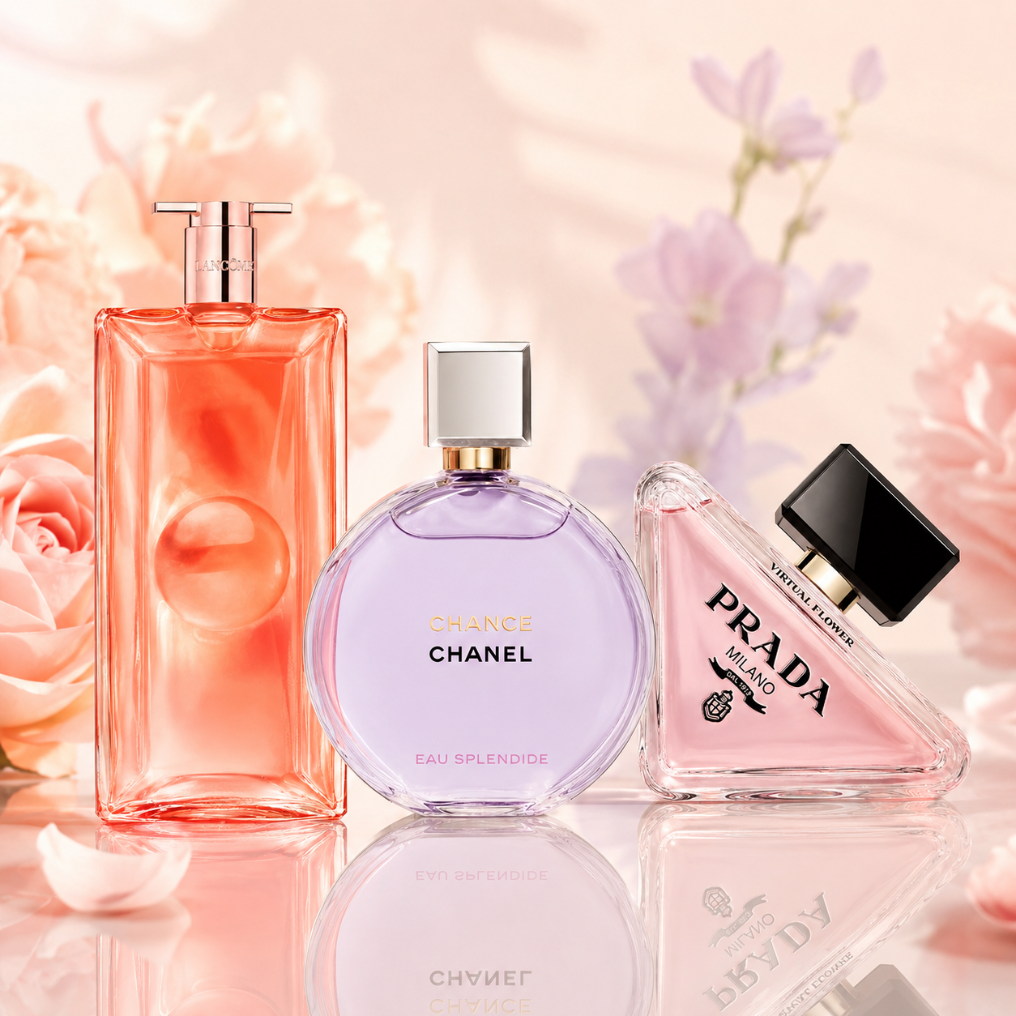 Floral Favorites Set z perfumami Lancôme Idôle Peach ’N Roses, Chanel Chance Eau Splendide i Prada Paradoxe Virtual Flower oraz szklanymi atomizerami na odlewki perfum.