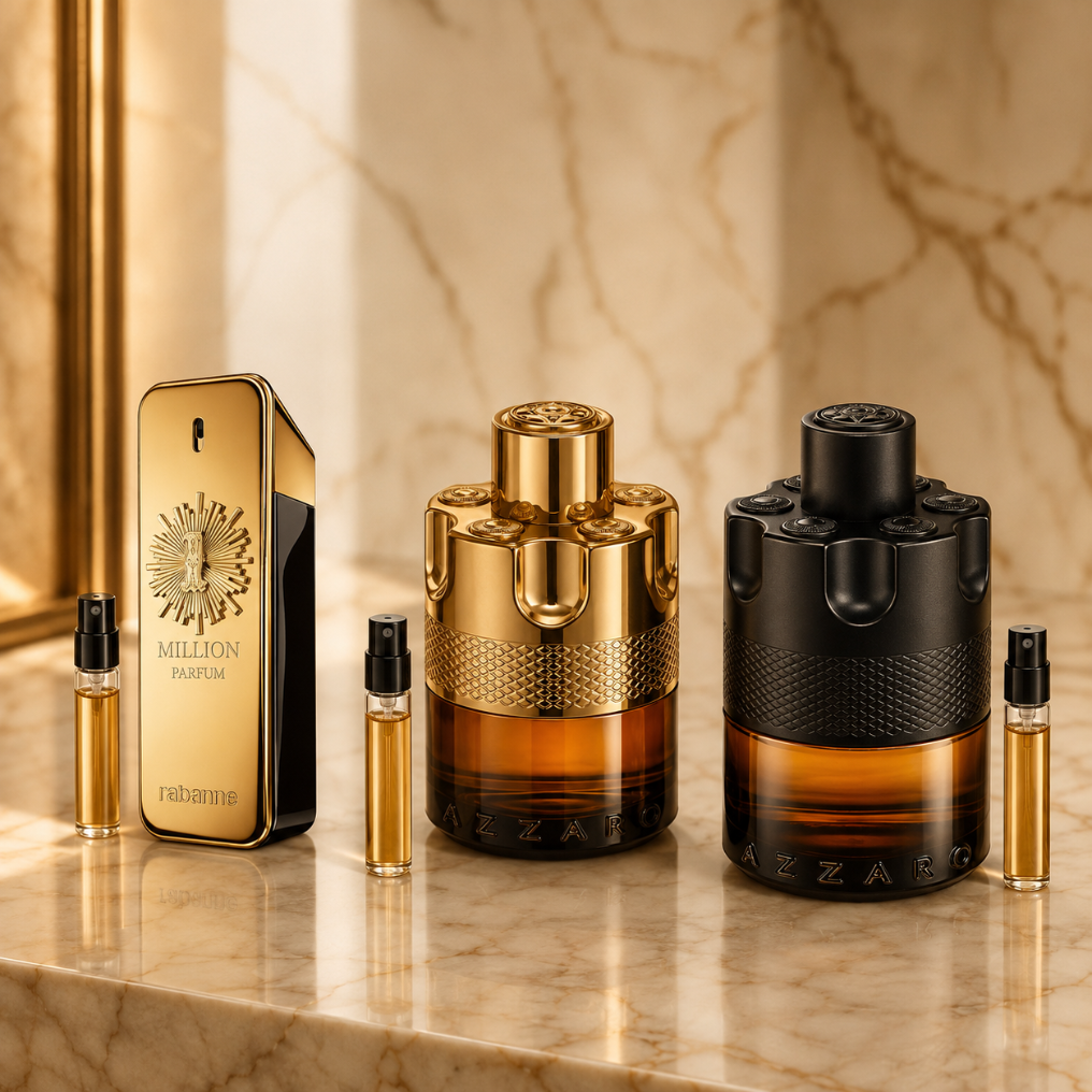Golden Seduction Set z perfumami Rabanne 1 Million, Azzaro The Most Wanted Parfum i Azzaro Forever Wanted Absolu oraz szklanymi atomizerami na odlewki perfum.