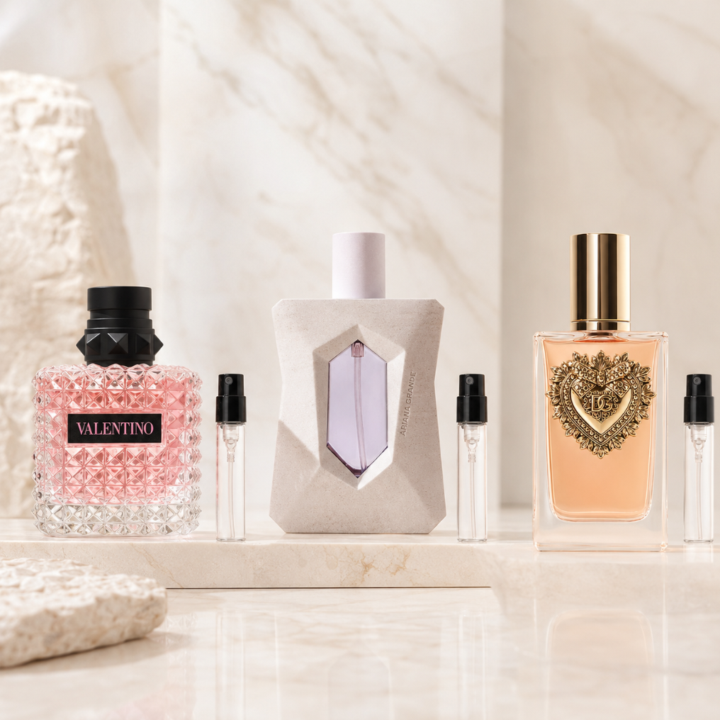 Modern Feminine Set z perfumami Valentino Donna Born in Roma, Ariana Grande God Is A Woman i Dolce & Gabbana Devotion oraz szklanymi atomizerami na odlewki perfum.