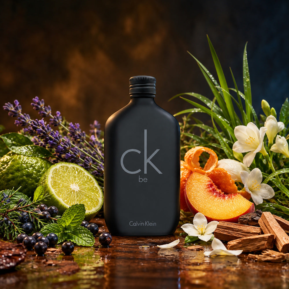 Calvin Klein – CK Be Eau de Toilette – odlewka perfum – flakon w aranżacji z nutami zapachowymi