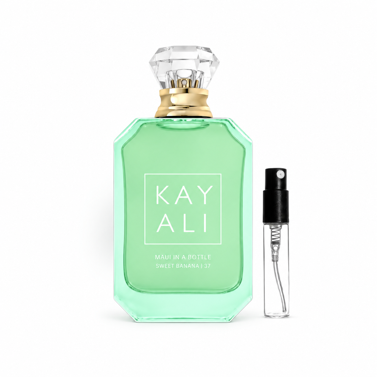 Kayali Maui in a Bottle Sweet Banana | 37 – oryginalny flakon obok odlewki z atomizerem