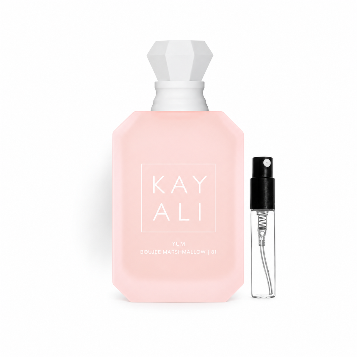 Kayali Yum Boujee Marshmallow | 81 – oryginalny flakon obok odlewki z atomizerem