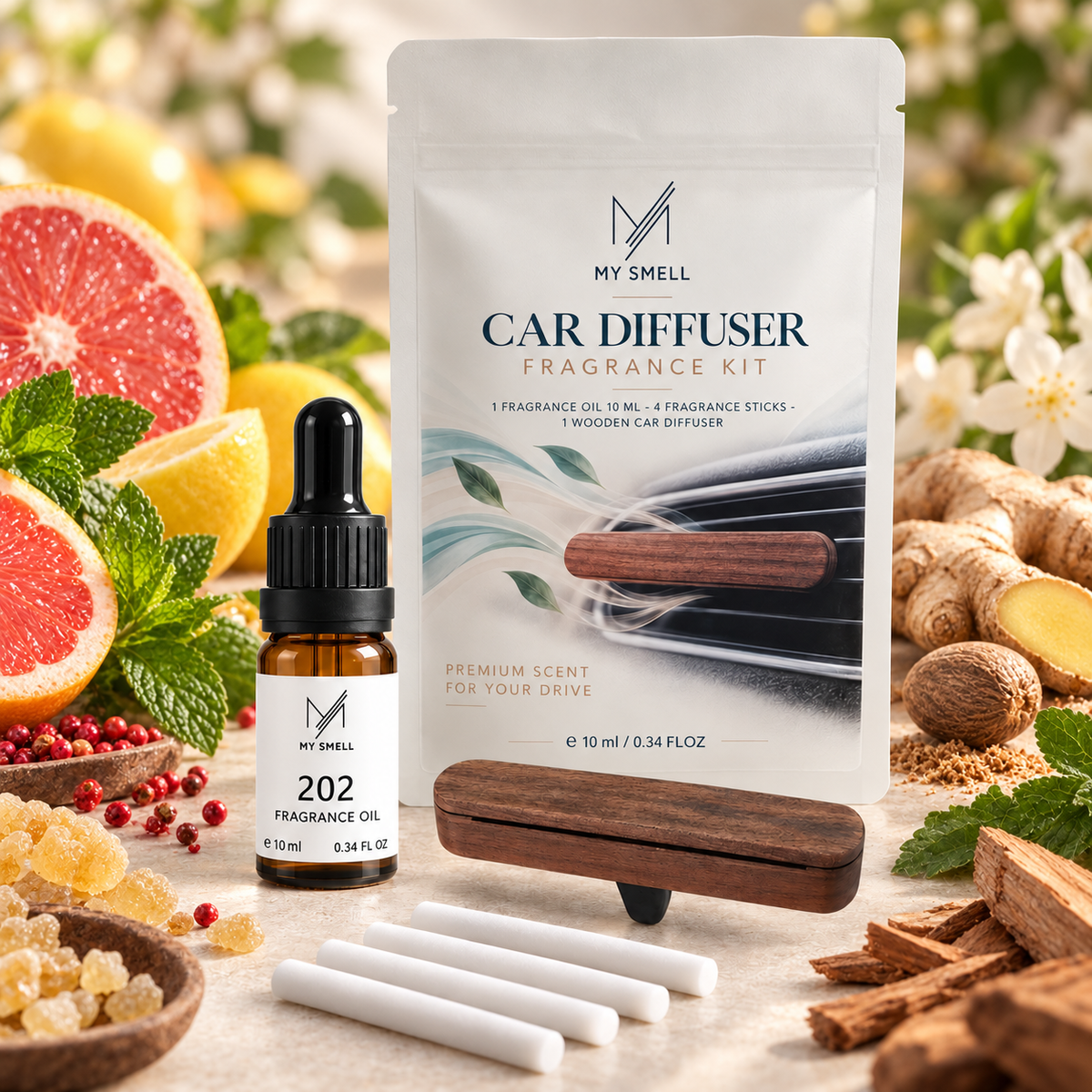 MY SMELL 202 – zestaw zapachowy do samochodu: olejek 10 ml, drewniany dyfuzor i cztery wkłady bawełniane, otoczenie nawiązujące do nut głowy, serca i bazy