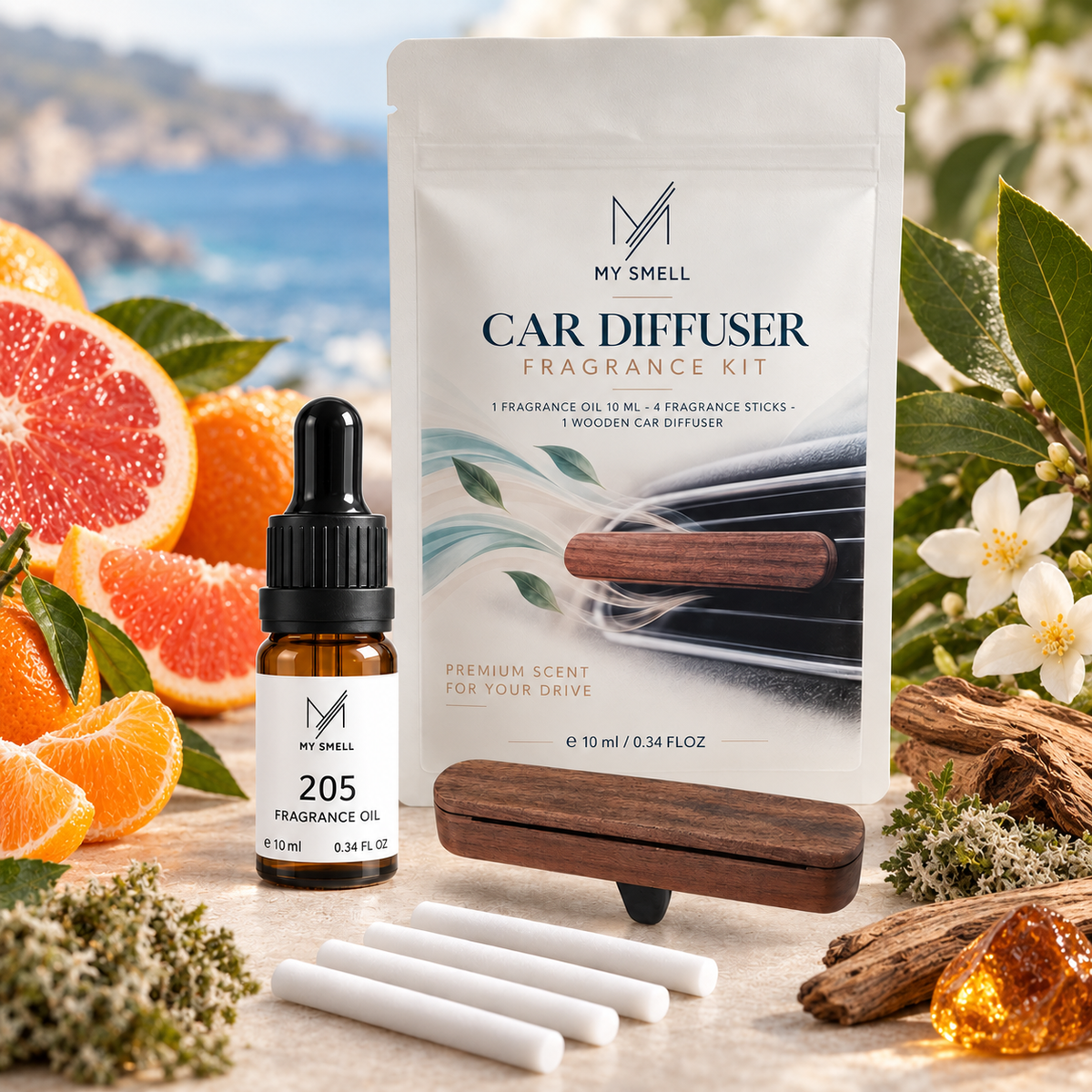MY SMELL 205 – zestaw zapachowy do samochodu: olejek 10 ml, drewniany dyfuzor i cztery wkłady bawełniane, otoczenie nawiązujące do nut głowy, serca i bazy