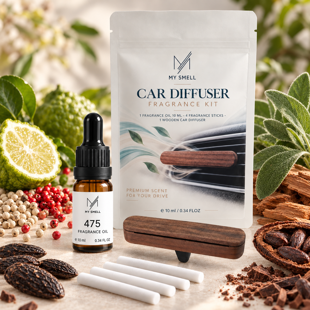 MY SMELL 475 – zestaw zapachowy do samochodu: olejek 10 ml, drewniany dyfuzor i cztery wkłady bawełniane, otoczenie nawiązujące do nut głowy, serca i bazy