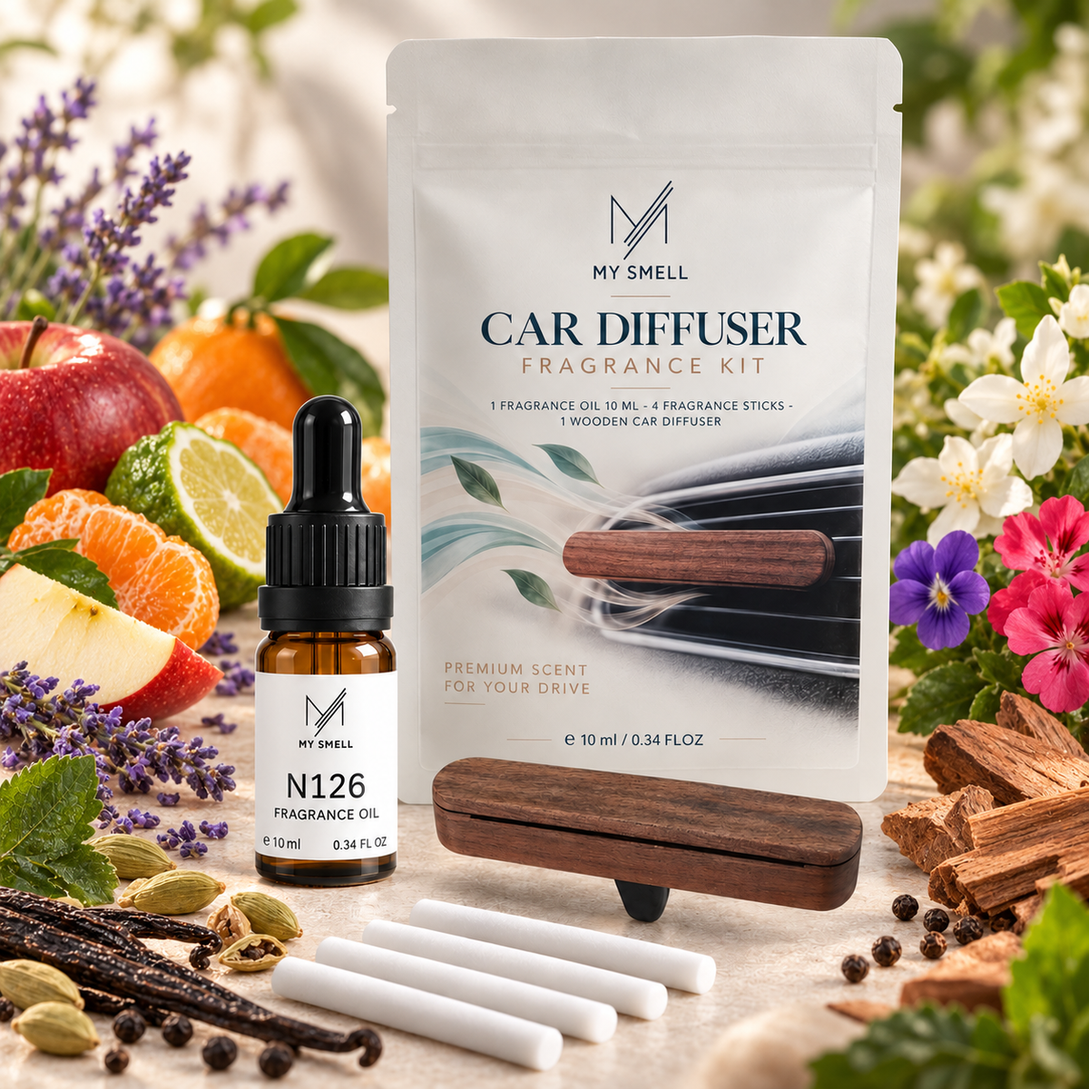 MY SMELL N126 – zestaw zapachowy do samochodu: olejek 10 ml, drewniany dyfuzor i cztery wkłady bawełniane, otoczenie nawiązujące do nut głowy, serca i bazy