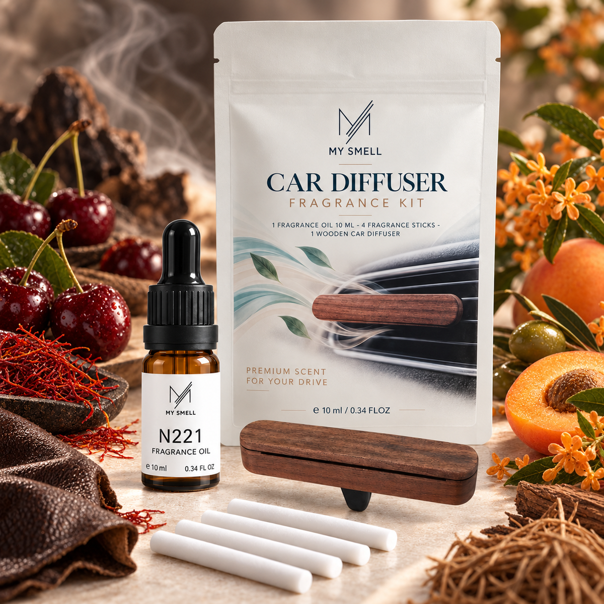 MY SMELL N221 – zestaw zapachowy do samochodu: olejek 10 ml, drewniany dyfuzor i cztery wkłady bawełniane, otoczenie nawiązujące do nut głowy, serca i bazy