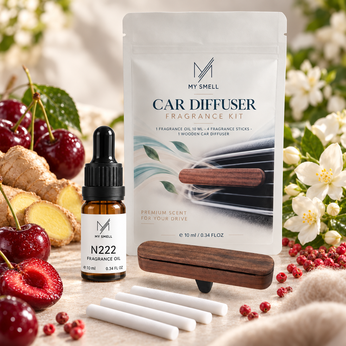 MY SMELL N222 – zestaw zapachowy do samochodu: olejek 10 ml, drewniany dyfuzor i cztery wkłady bawełniane, otoczenie nawiązujące do nut głowy, serca i bazy