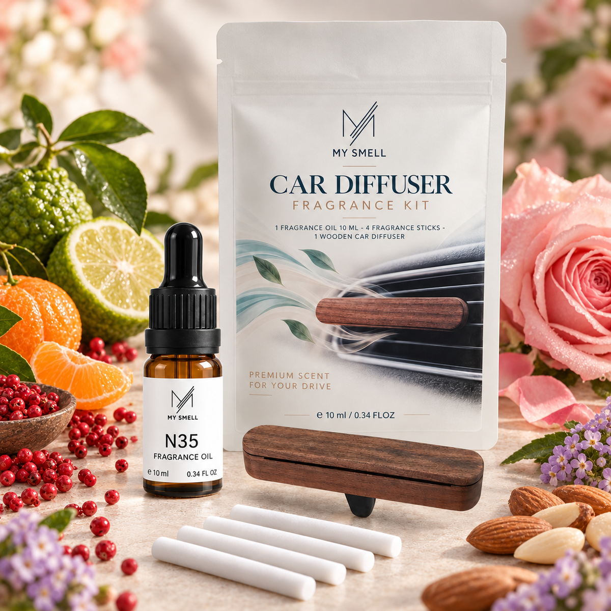 MY SMELL N35 – zestaw zapachowy do samochodu: olejek 10 ml, drewniany dyfuzor i cztery wkłady bawełniane, otoczenie nawiązujące do nut głowy, serca i bazy