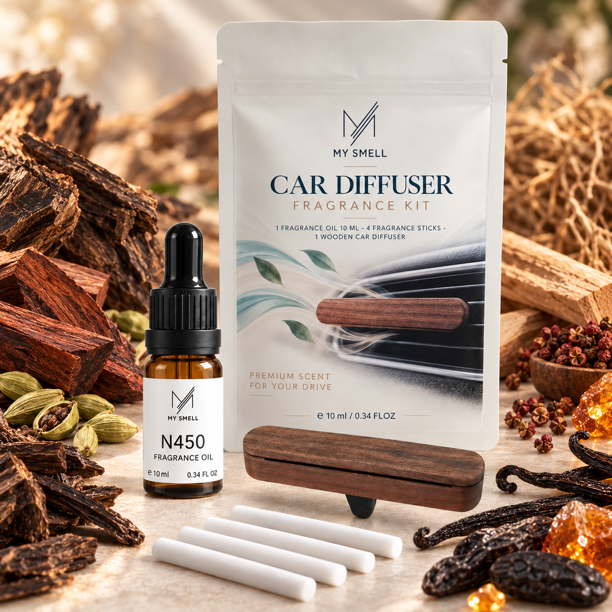 MY SMELL N450 – zestaw zapachowy do samochodu: olejek 10 ml, drewniany dyfuzor i cztery wkłady bawełniane, otoczenie nawiązujące do nut głowy, serca i bazy