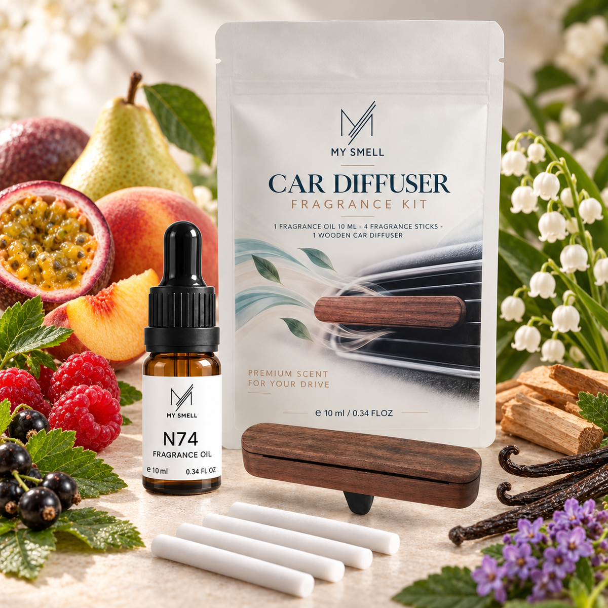 MY SMELL N74 – zestaw zapachowy do samochodu: olejek 10 ml, drewniany dyfuzor i cztery wkłady bawełniane, otoczenie nawiązujące do nut głowy, serca i bazy