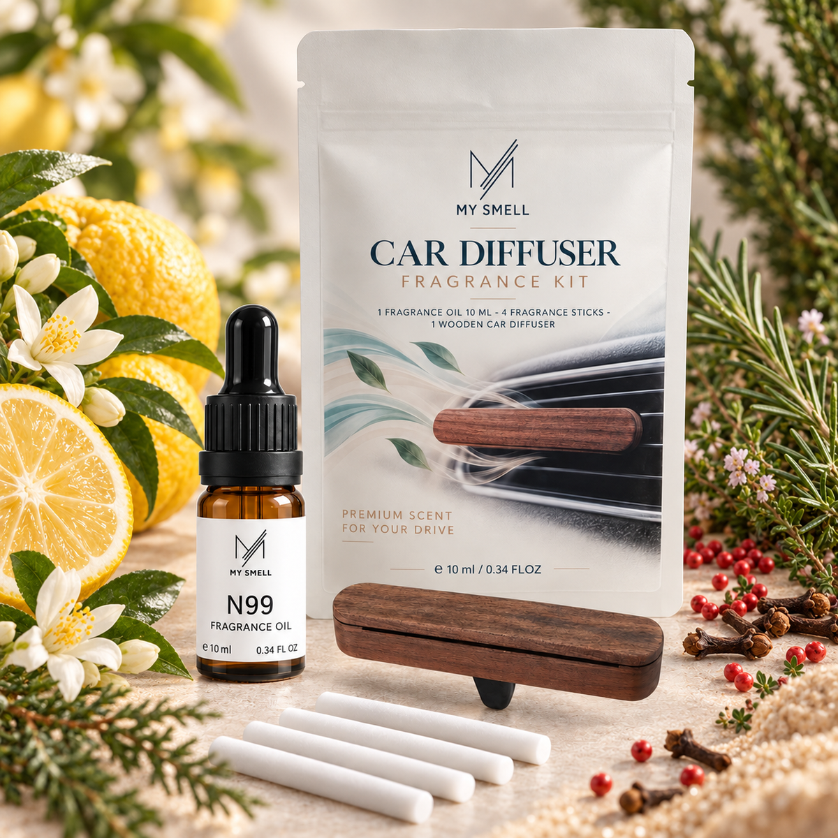 MY SMELL N99 – zestaw zapachowy do samochodu: olejek 10 ml, drewniany dyfuzor i cztery wkłady bawełniane, otoczenie nawiązujące do nut głowy, serca i bazy